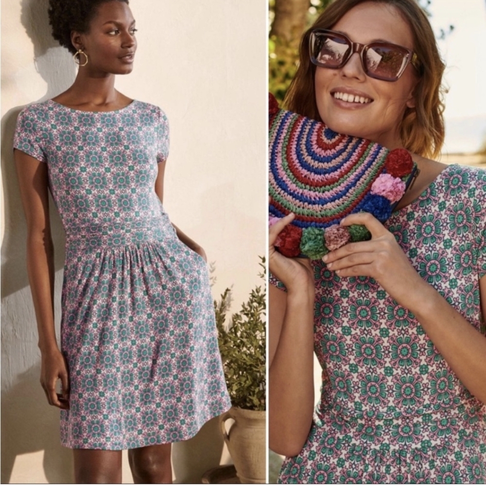 Boden Floral Mosaic Midi Dress in Teal and Pink
